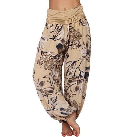 

Women s Flowy Boho Pants - Loose Yoga Harem Joggers - Casual Bohemian Hippie Palazzo Lounge Comfy Elephant Pajama CHMORA(Khaki XL)