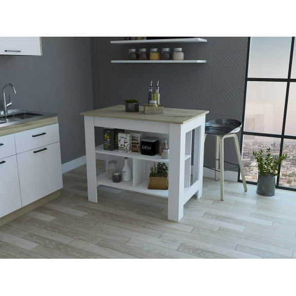 Cterwk 3-Shelf Kitchen Island, White and Light Brown