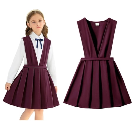 School Uniform Dresses for Girls V-neck Jumper Dress Sleeveless Red Dress Girls Back To School Dress 4-5 Years