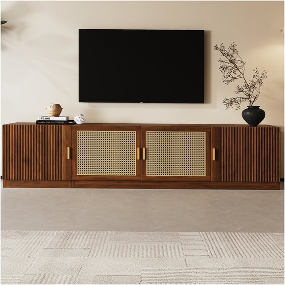 JERFIT 78 inch Modern TV Stand with Rattan Doors for TVs up to 85, Walnut Media Console with Adjustable Shelves, Mid-Century TV Cabinet for Living Room