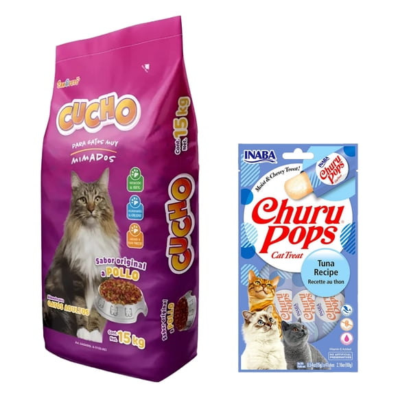 Cucho 15 Kg + Churu Pops Atún Snack 4 tubos de 15g