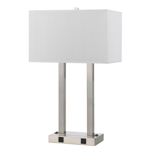 Benjara BM224709 60W x 2 Desk Lamp with Rectangular Shade & Power Strip, Silver & White