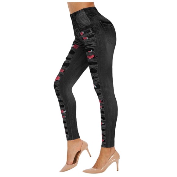 Ketyyh-chn99 Women Leggings Flare Yoga Pants Ladies Fashion Rose Printed Denim Sports Comfortable Leggings Black,S