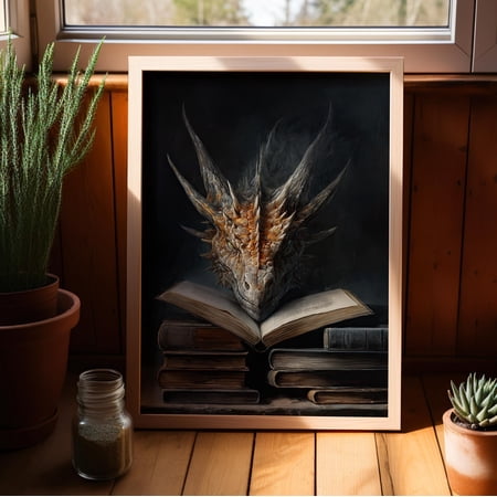 Book Dragon Or Dark Academia Fantasy For Book Lovers Mythical Guardian Of Stories Decorative Nursery Poster Poster Print Only