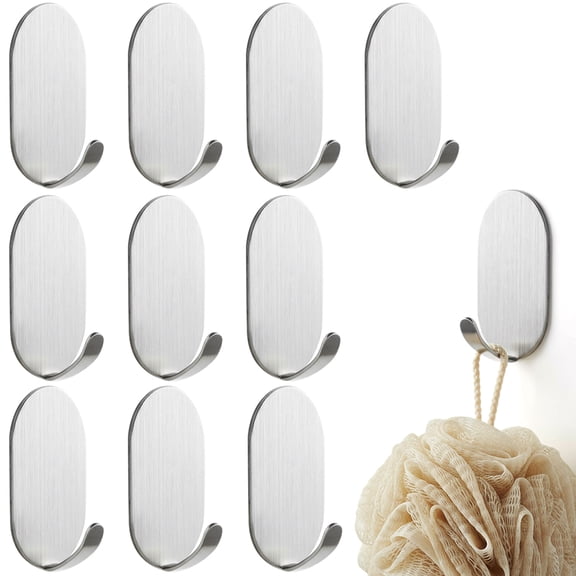 10 Pcs Sticky Adhesive Hooks for Hanging, Stainless Steel Key Holder Command Hooks Stick On Wall Mount Hanger Over The Door Metal Utility Hooks for Kitchen, Cup, Coat, hat, Picture (Silver)