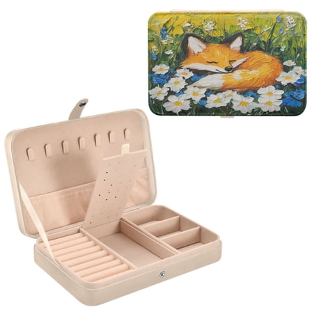 BZSMCE Leather Jewelry Box - Rectangular Sleeping Fox Among Flowers Pattern 8.27x5.5x1.78in Beige
