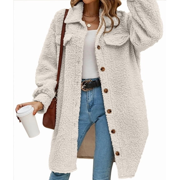 Women'S Teddy Fleece Coat-Plush Oversized Long Cardigan, Cozy Winter Fuzzy Outwear for Casual Style Milky White L