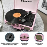 Udreamer Vinyl Record Player 3-Speed Turntable with Bluetooth, Suitcase Portable Vintage Audio Turntable, Pink