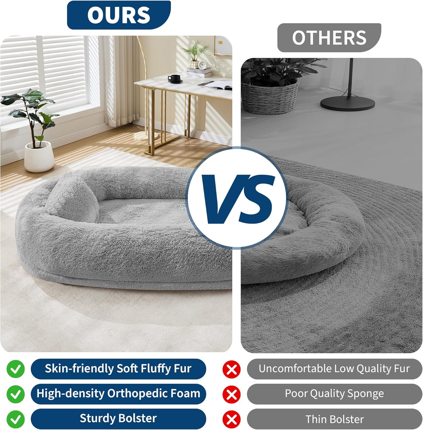 Acekid Human Dog Bed 67 Inch Adult Pets No Assembly Required Washable Fluffy Faux Fur Orthopedic Dog Bed Plump Pi