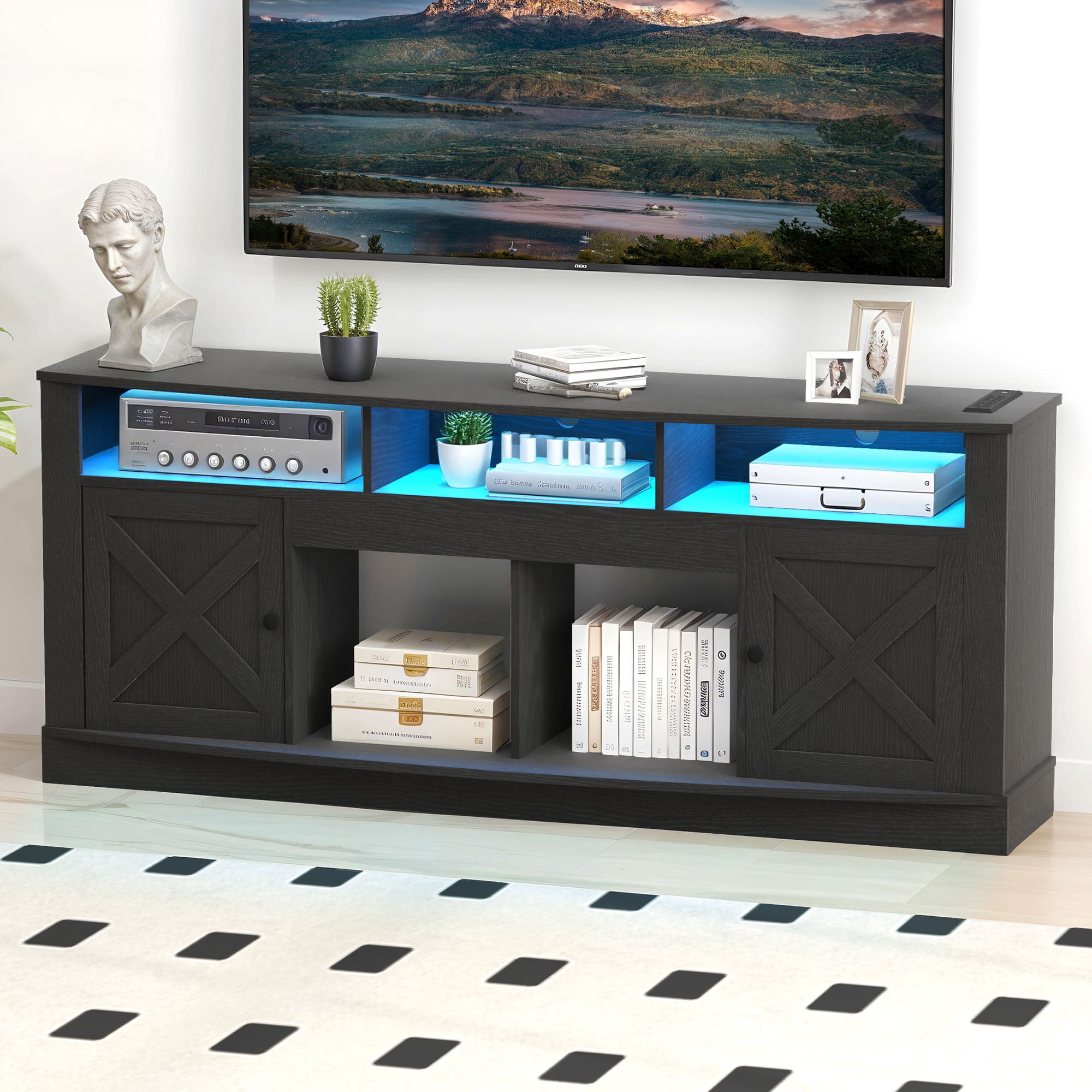 Uforic 70 Inch White Farmhouse TV Stand Suitable for TVs up to 80 Inches for Living Room, Black