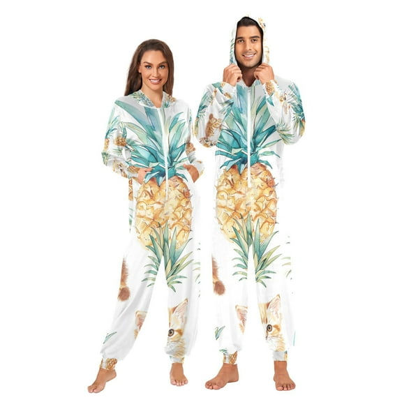 Pineapples Cats Adult Onesie Pajamas Slim Fit Christmas One Piece Suit Pjs for Women and Men Hooded Zipper