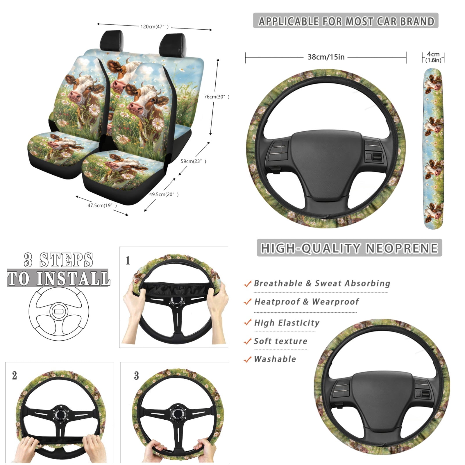 Jeiento Cow Car Seat Covers Full Set with Steering Wheel Cover Seat Belt Strap Cover Flowers Car Garbage Bag Rearview Mirror Protective Cover Cup Coasters Keychain Lip Gloss Holder 13 Pack
