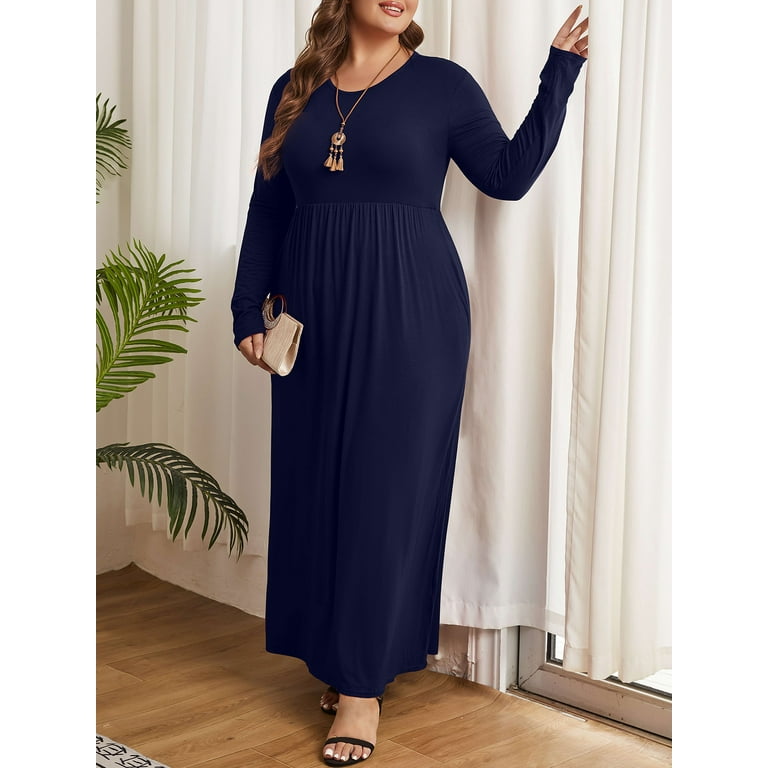 Mengpipi Women s Plus Size Casual Long Sleeve Dress Crewneck Loose Maxi Dress with Pockets 2X 5X