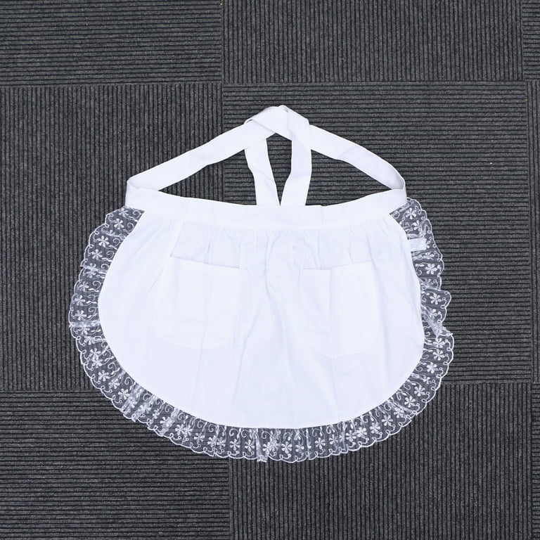 Cotton Waist Apron Lace Short Apron with Pockets for Maid Waitress Servant White