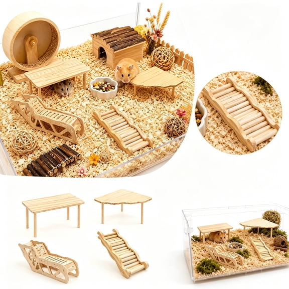 4-in-1 Wooden Hamster Toys Set Hamster House Hideout with Ladder Bridge Platform Table,Chew Toy for Syrian Dwarf Hamsters Gerbils Small Pets Cage Accessories Natural Wood Habitat Decor
