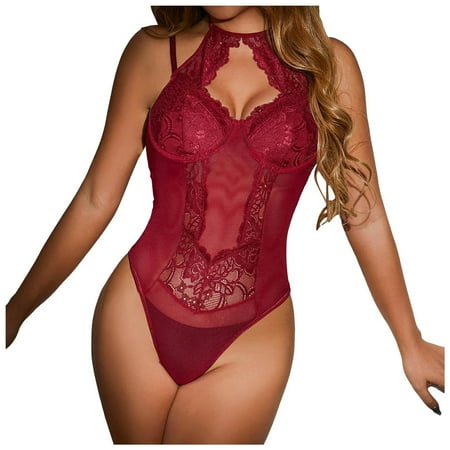 FhsagQ Womens Lingerie Bodysuit Crotchless Plus Size Women s Hanging Neck Hollow Steel Bracelet Gathering Flower Lace Mesh Transparent Underwear Fun Underwear Red XS