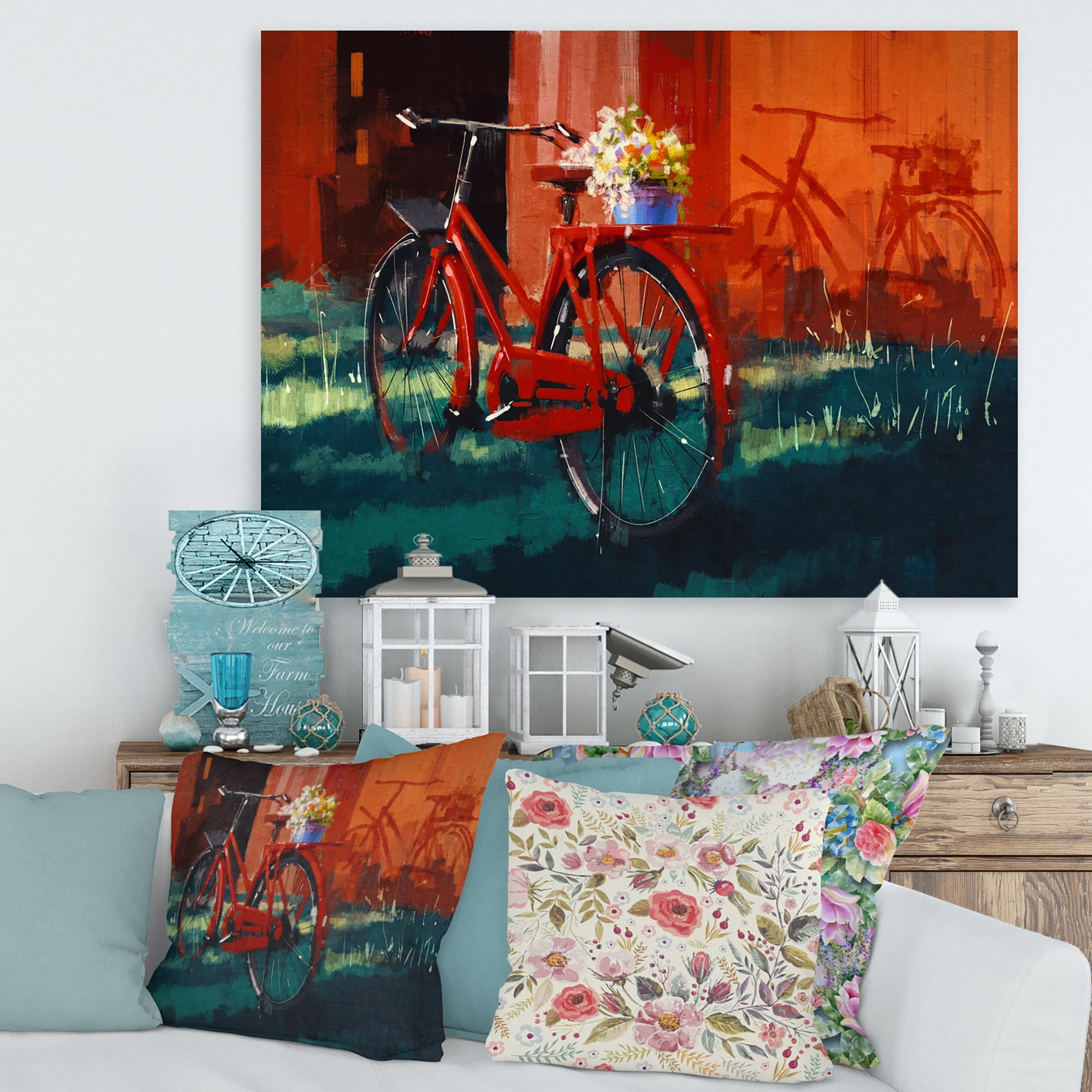 Designart ' Red VIntage Bicycle With Flowers Bucket ' Vintage Canvas Wall Art Print