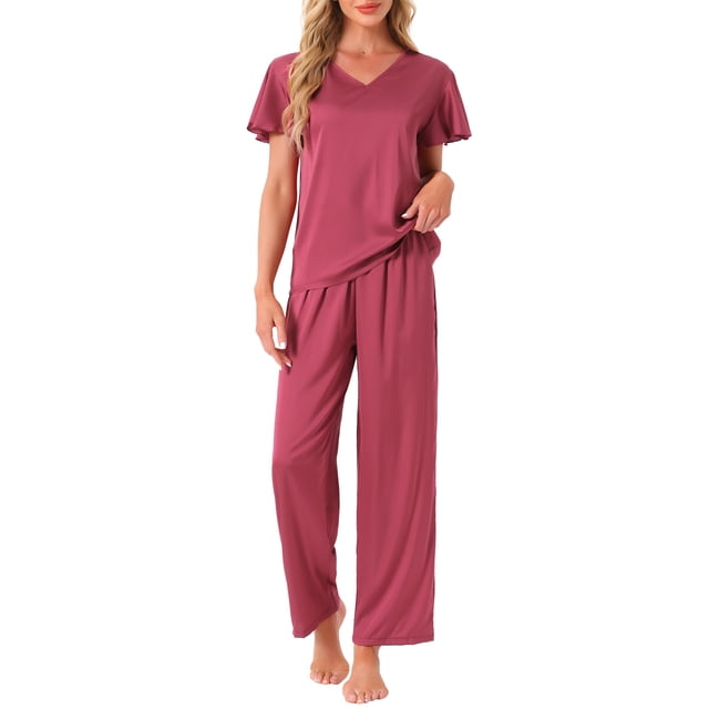 CONJUNTO DE PIJAMA DE SATÉN SEDOSO PARA MUJERES INSPIRE CHIC 2 PIEZAS CON MANGA CORTA Y PANTALONES LARGOS ROPA DE DESCANSO S ROJO