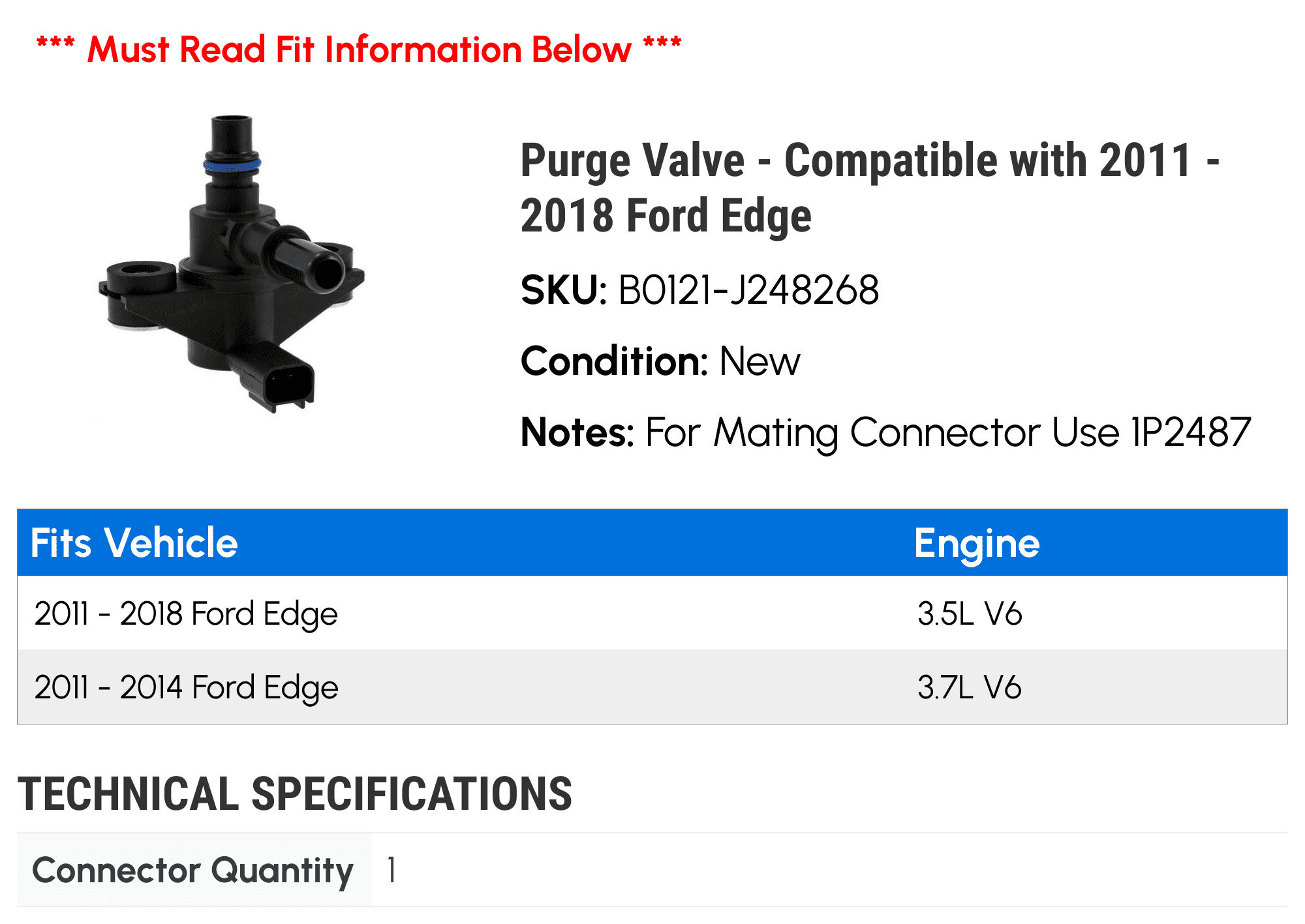 Purge Valve - Compatible with 2011 - 2018 Ford Edge 2012 2013 2014 2015 2016 2017