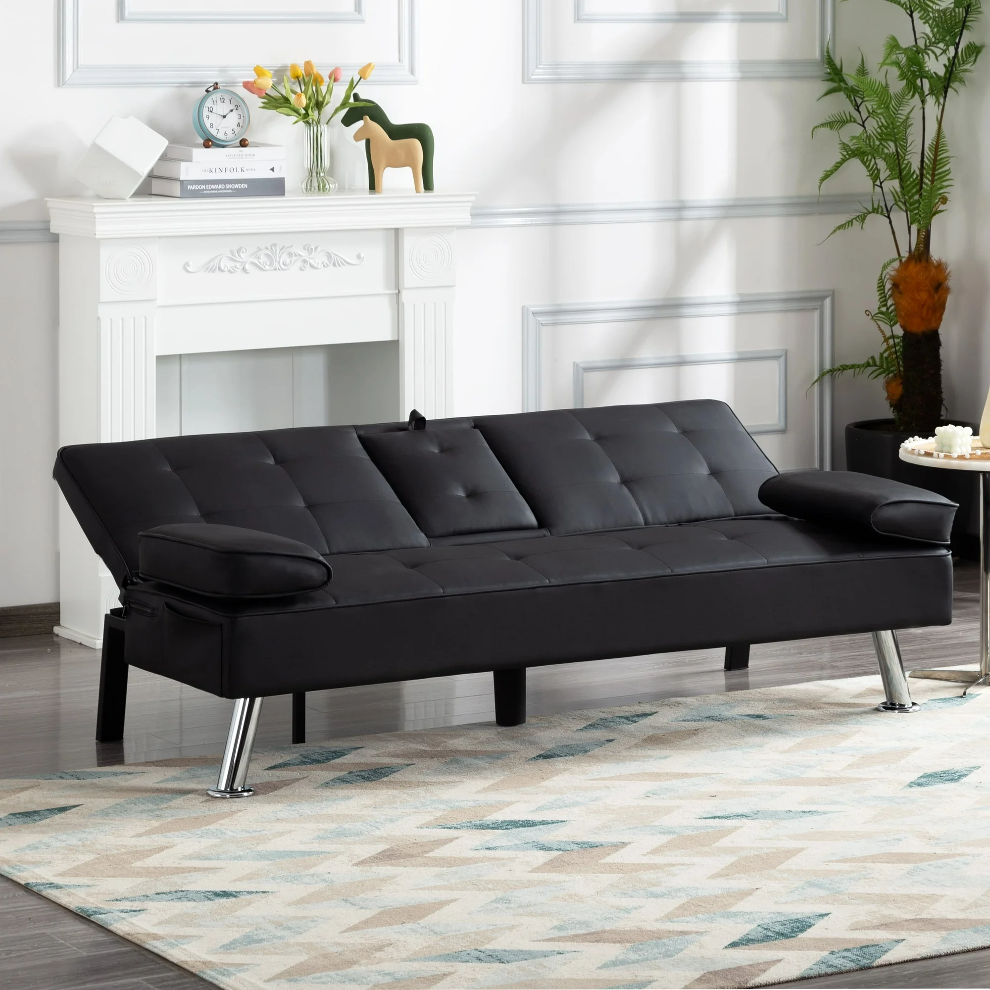 BSHTI Futon Convertible Sleeper Sofa Bed,With 3-Position Adjustable Backrest,Upholstered in PU Fabric,a Side Storage Pocket,Twin-Size Sleeper Sofa,Black