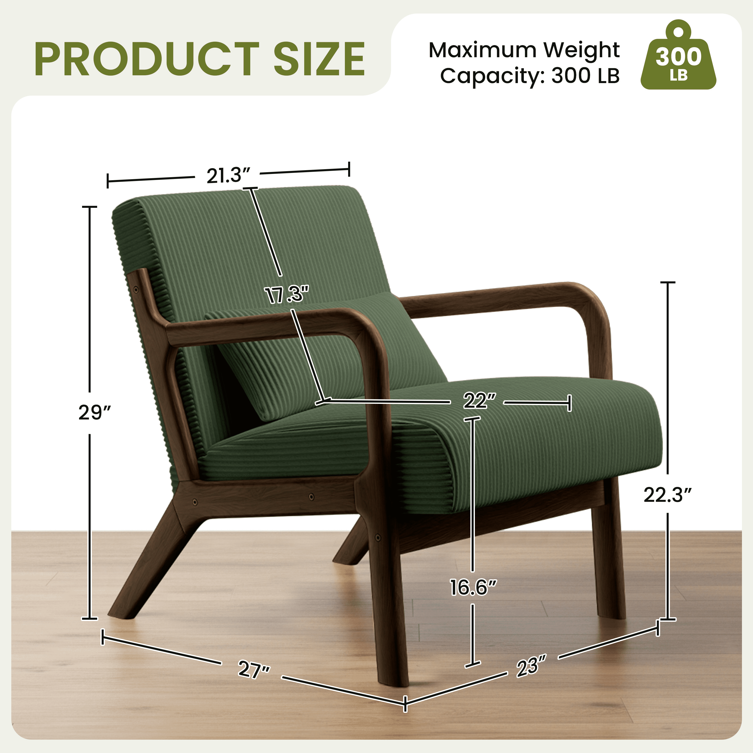 Renwick Mid-Century Corduroy Accent Chair, Modern Armchair with Wood Frame and Pillow for Living Room Bedroom Furniture, Set of 2, Dark Green