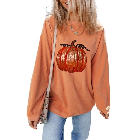 Women s Orange Sequined Pumpkin Round Neck Halloween Sweatshirt | [ZhiHiMeRi] | (US 4-6)S