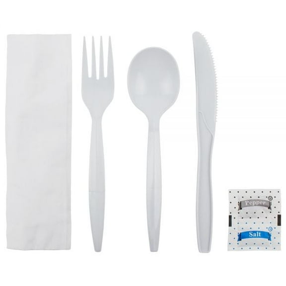 [250 sets] Karat PP Plastic Medium-Heavy Weight Cutlery Kits with Salt and Pepper, White
