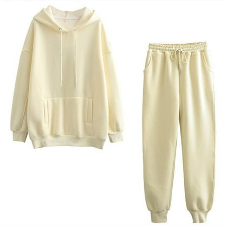 

Dadaria 2 Piece Outfits for Women Pants Sets Casual Solid Color Sets Hood Wear Lounge Wear Suit Sport Set Tops+Pants Beige S Female