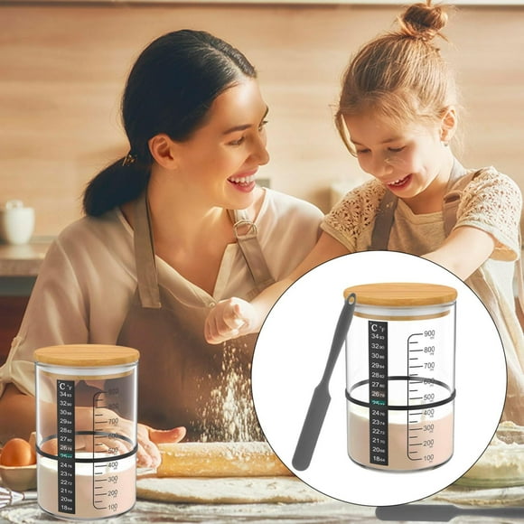 Sueyeuwdi Sourdough Starter Jar Food Storage Containers With Lids Glass Jar Kit With Scale Paper 30.4Oz Temperature Container W/ Wooden Lid Cloth Cover Wide Mouth Jar For Breads Fermentation Gray