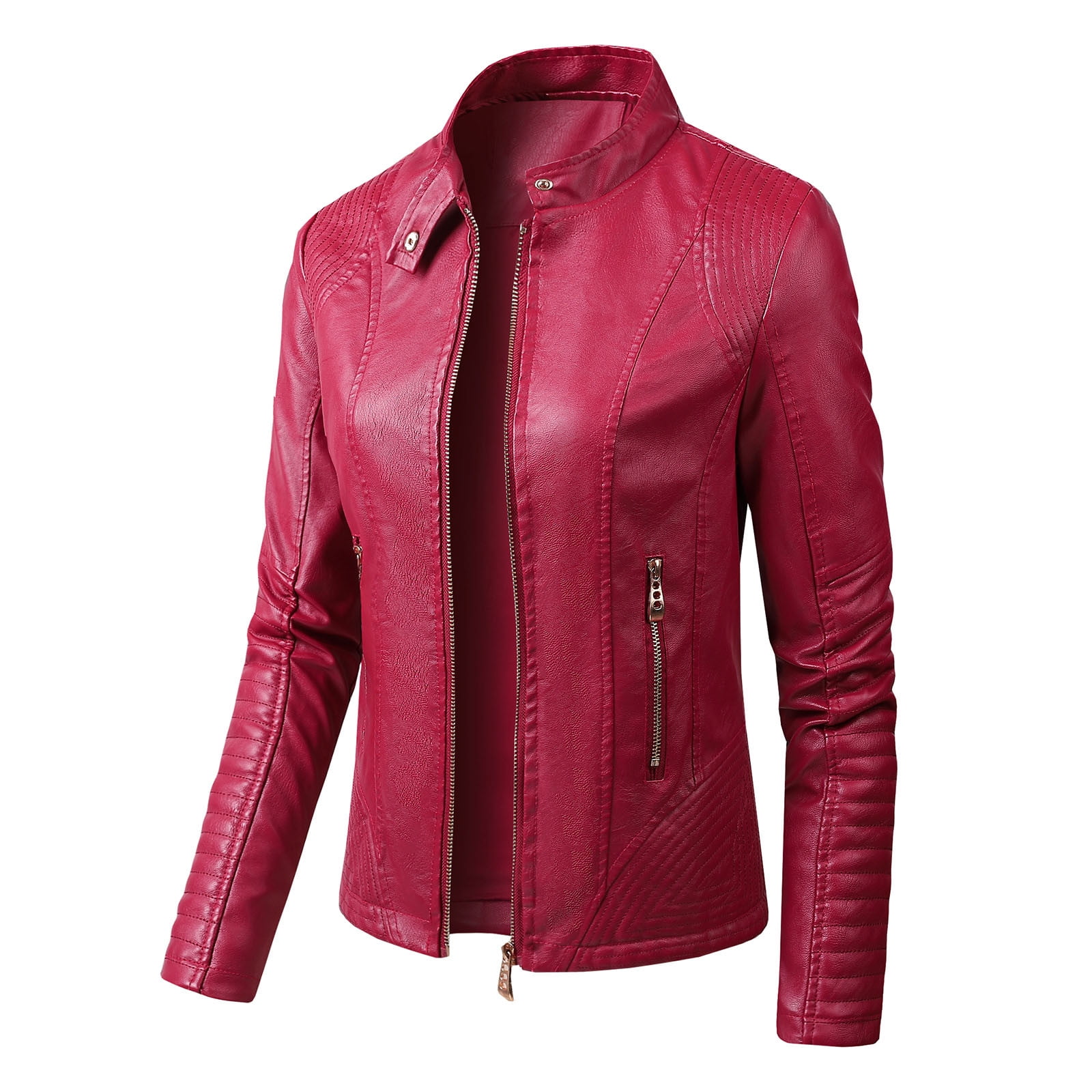 Lovskoo Women Faux Leather Jacket Moto Biker Coat Trendy Jacket Solid Long Sleeve Zipper Pocket Outerwear Tops Short Coat Burgundy