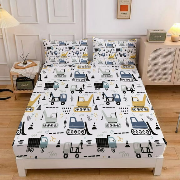 MIBNCE Cartoon Car Kids Fitted Sheet Construction Bed Sheet Set Cartoon Excavator Bedding Set Engineering Vehicle Bed Sheet Sets with 1 Fitted Sheet and 2 Pillowcases,Twin Size,Style A