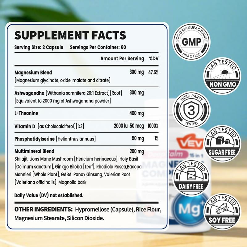 15 in 1 Magnesium Complex with Ashwagandha & L-Theanine | Extra Strength Magnesium Capsules with Vitamin D3 & Zinc | Supports Sleep, Calm Mood & Stress Relief | 120 Count