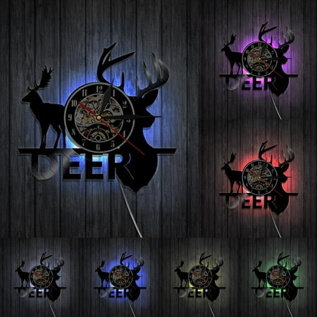 Woodland Deer Hunter Clock Forest Wild Moose Head Vinyl Record Wall Clock Deer Antlers Decorative Clock Wall Art Hunters Gift With LED