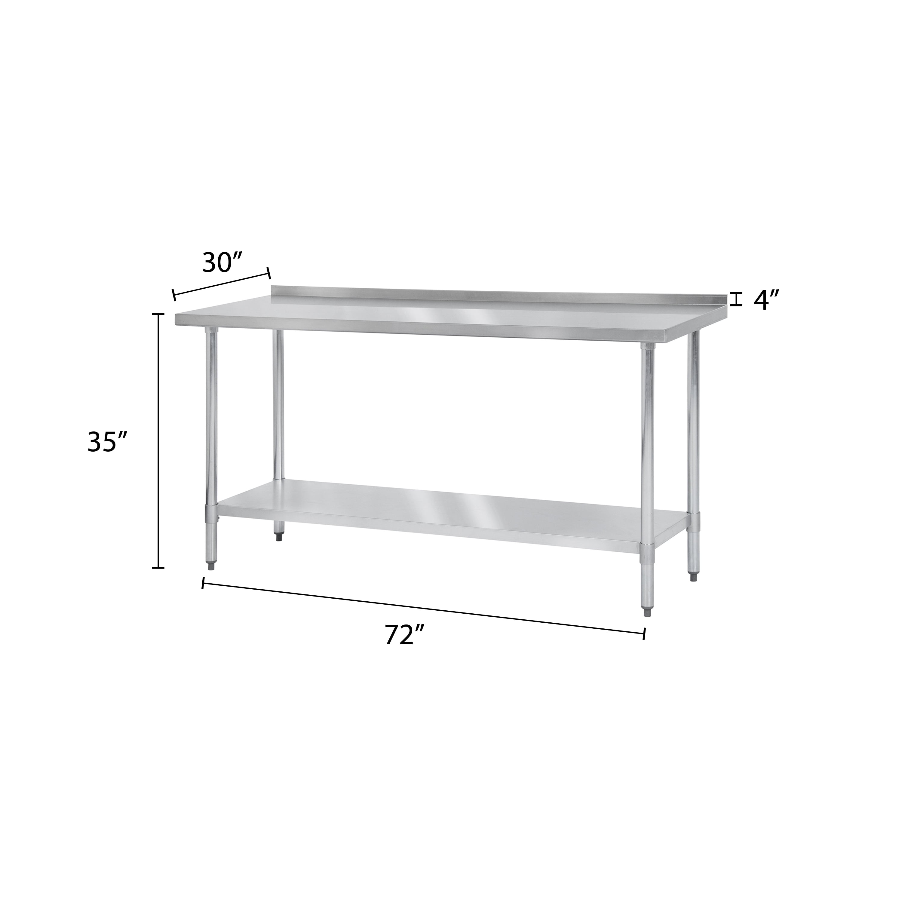 Excellante 30"x72"x 35", 430 stainless steel worktable, flat top with 4" backsplash, comes in set