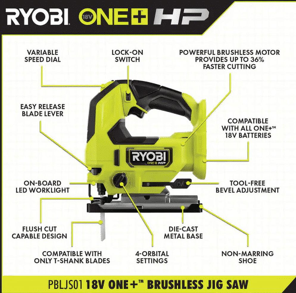 RYOBI ONE HP 18V Brushless Cordless Jig Saw Tool Only with All Purpose Jig Saw Blade Set 10 Piece Walmart
