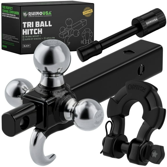 Rhino USA Trailer Hitch Tri-Ball Mount w/ Hook, Shackle & Locking Pin (2-Inch Receiver) Black