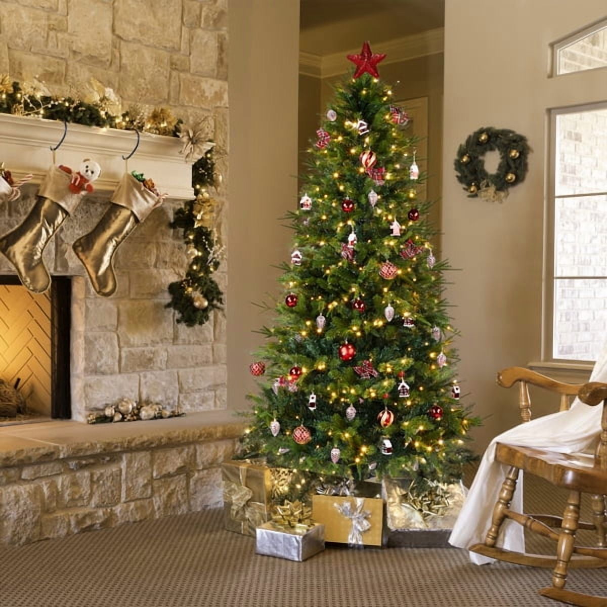 7.5FT Green Pre-Lit Christmas Tree - 950 PE/PVC Branch Tips 400 Warm White LEDs Red-Themed Ornaments + Tree Skirt Included for Home/Office