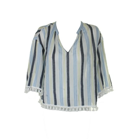 Vince Camuto Blue Yellow 3/4-Sleeve Cotton Pom-Pom Trim Blouse M