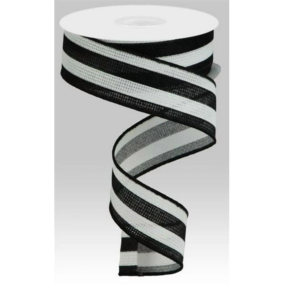 Vertical Stripe Wired Edge Ribbon - 10 Yards (White, Black, 1.5")