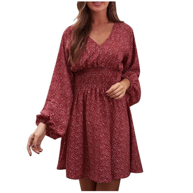 Cameland Robes Boho pour Femmes Contrôle du Ventre Robe à Manches Longues pour Femmes Col en V Ample Mini Évasée Robes Tendance