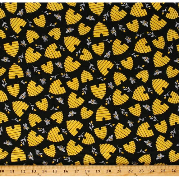 Cotton Bees Beehives Honey Black Cotton Fabric Print by the Yard (BEE-C8122)