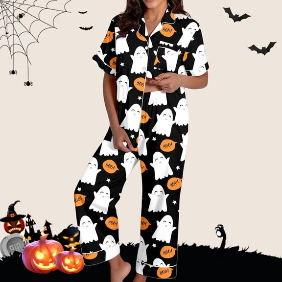 Women Outfits Lapel Short Sleeve Halloween Graphic Print Top And Pants 2 Piece At Home Wear Women's Clothing Sets Black XXL