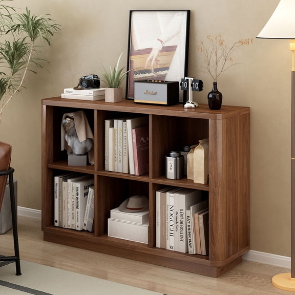 S-HOME Modern Minimalist Design Walnut with Curved Edges 6 Cube Storage Bookcase 40 Inch 2-Tier Wood Shelf, for Bedroom Office Living Room