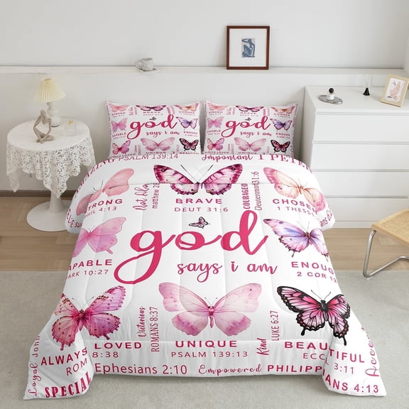 Erosebridal Chic Butterfly Comforter Sets Twin Size, Inspirational Words Comforters & Duvets, Pastel Pink Decor, Reversible