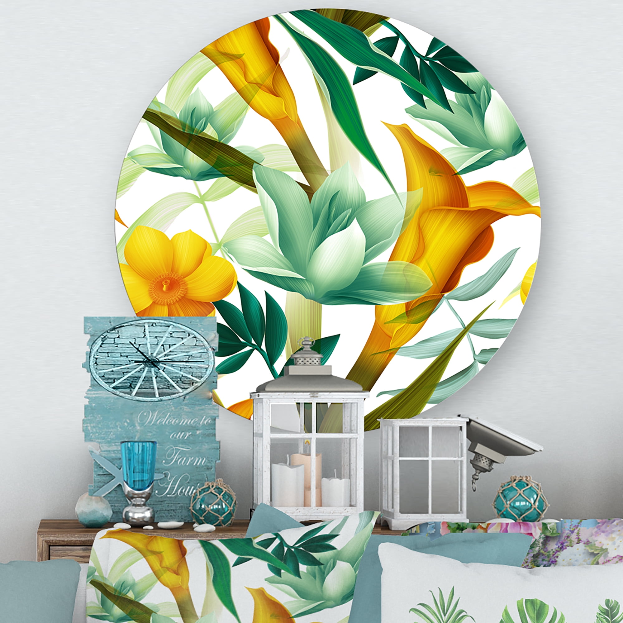 Designart 'Yellow Flowers and Tropical Foliage III' Modern Circle Metal Wall Art 23x23 - Disc of 23