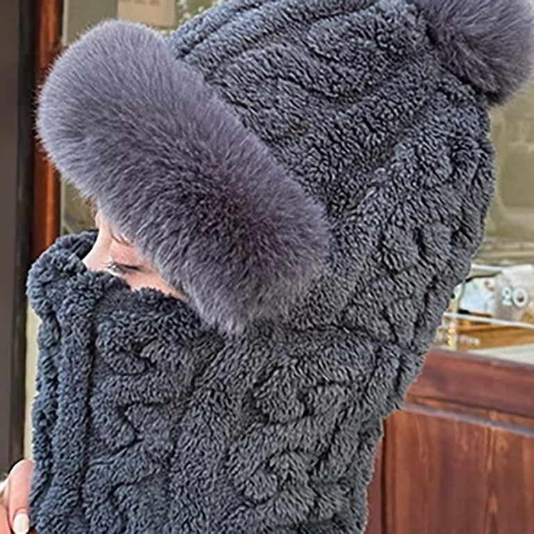 Women\'s Grey Furry Beanie with Pom Pom Winter Warm Knitted Hat Bear Costume Only Moment Winter Hats for Women Grey Beanie Hat With Scarf  main image 3