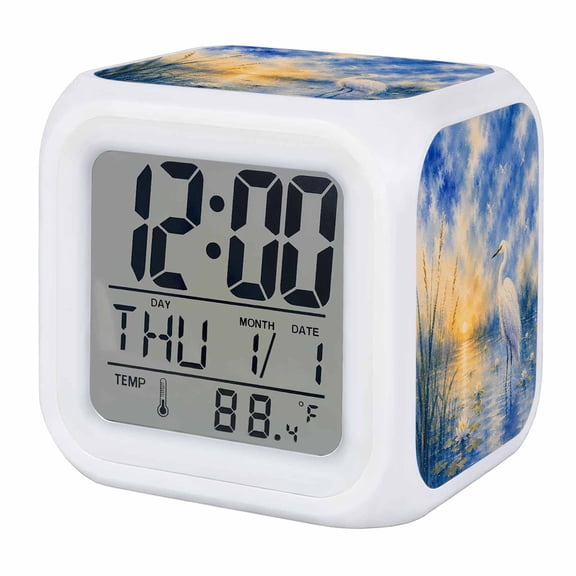 Summer Beach Egret Digital Alarm Clock for Bedrooms,Smart LED Alarm Clock with 7 Color Changing Night Light,Coastal Wetland Reeds Sky Cloud Blue Silent Wake Up Clocks for Sleep Study 3.2"x3.2"