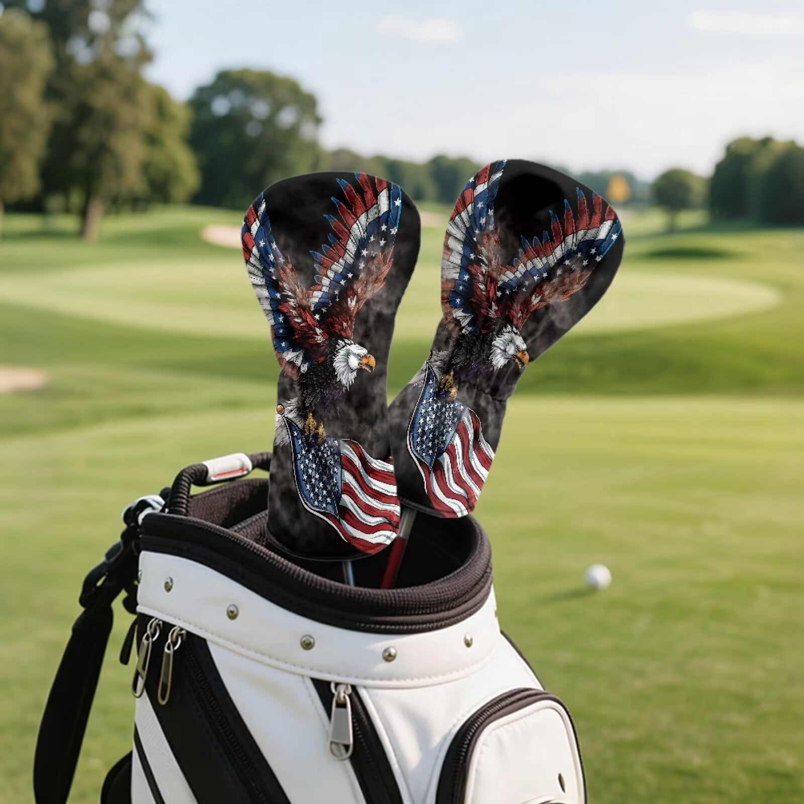 Uorisanigo Golf Club Headcover 3/5 Wood Headcover Elastic Closure Premium Leather Bald Eagle American Flag Golf Driver Headcovers, Fairway Wood Head Cover, Hybrid Cover, Set of 3