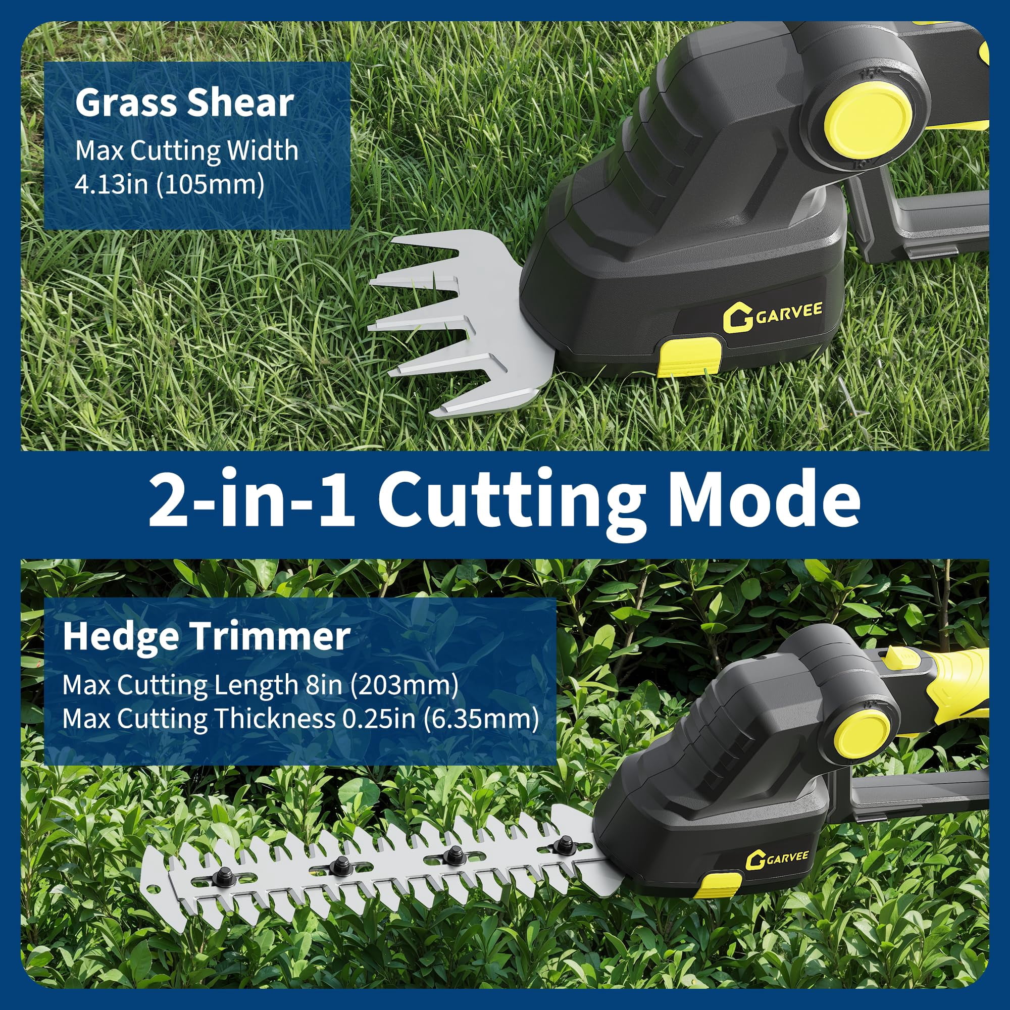 2-in-1 Cordless Grass Trimmer & Shrubbery Cutter, 20V Portable Electric Hedge Tool with 2 x 2.0Ah Batteries and Type-C Charging Base for Garden – Black + Yellow 108u