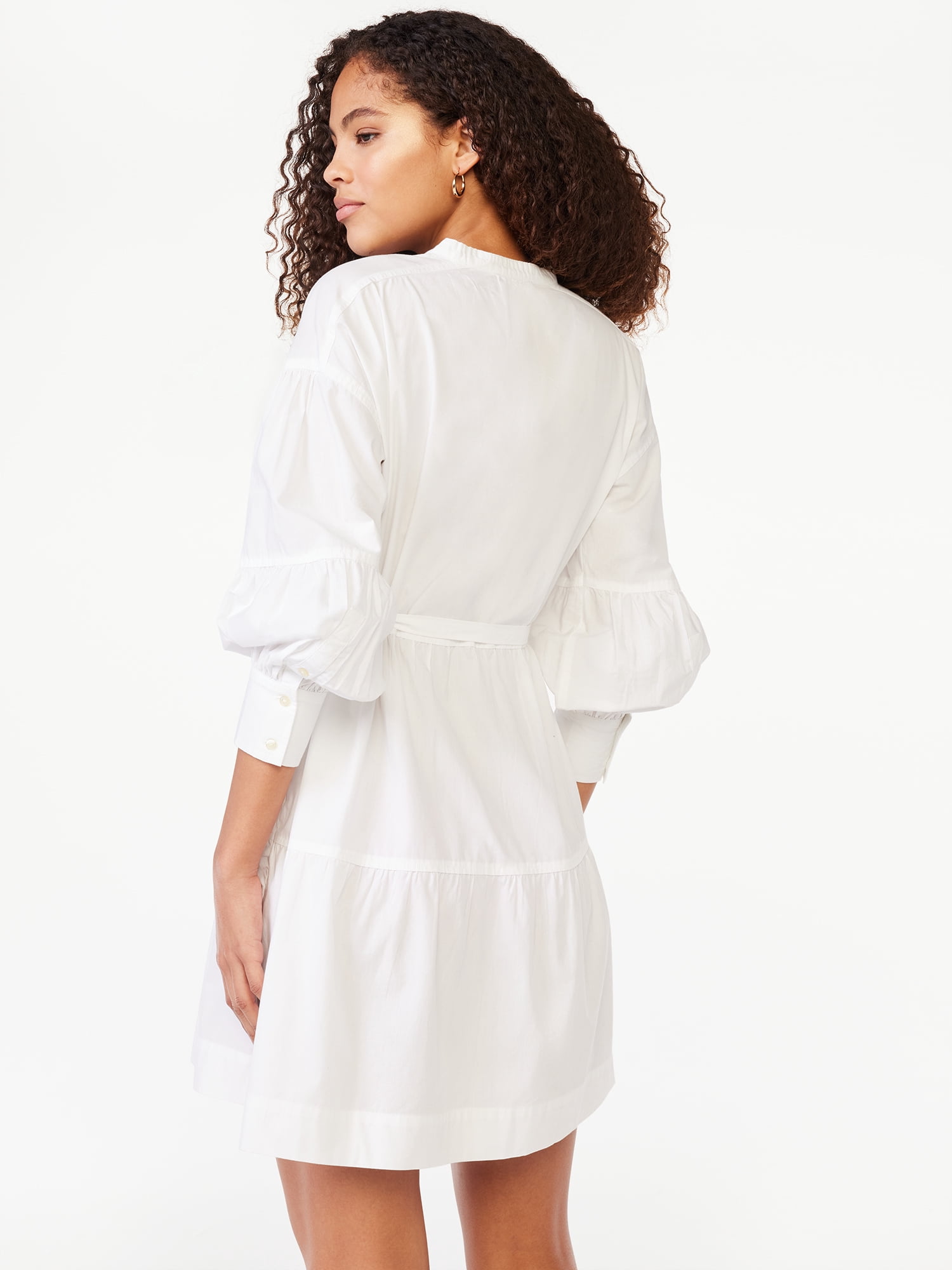 Free Assembly Women's Tiered Mini Shirt Dress with Long Sleeves, Sizes XS-XXL